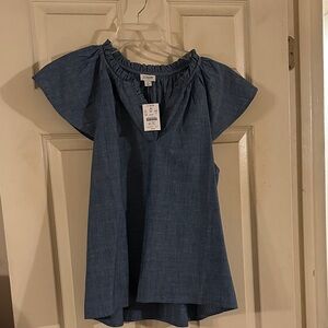 J. Crew Denim-Effect Ruffle Neck Flutter Sleeve Top - Blue